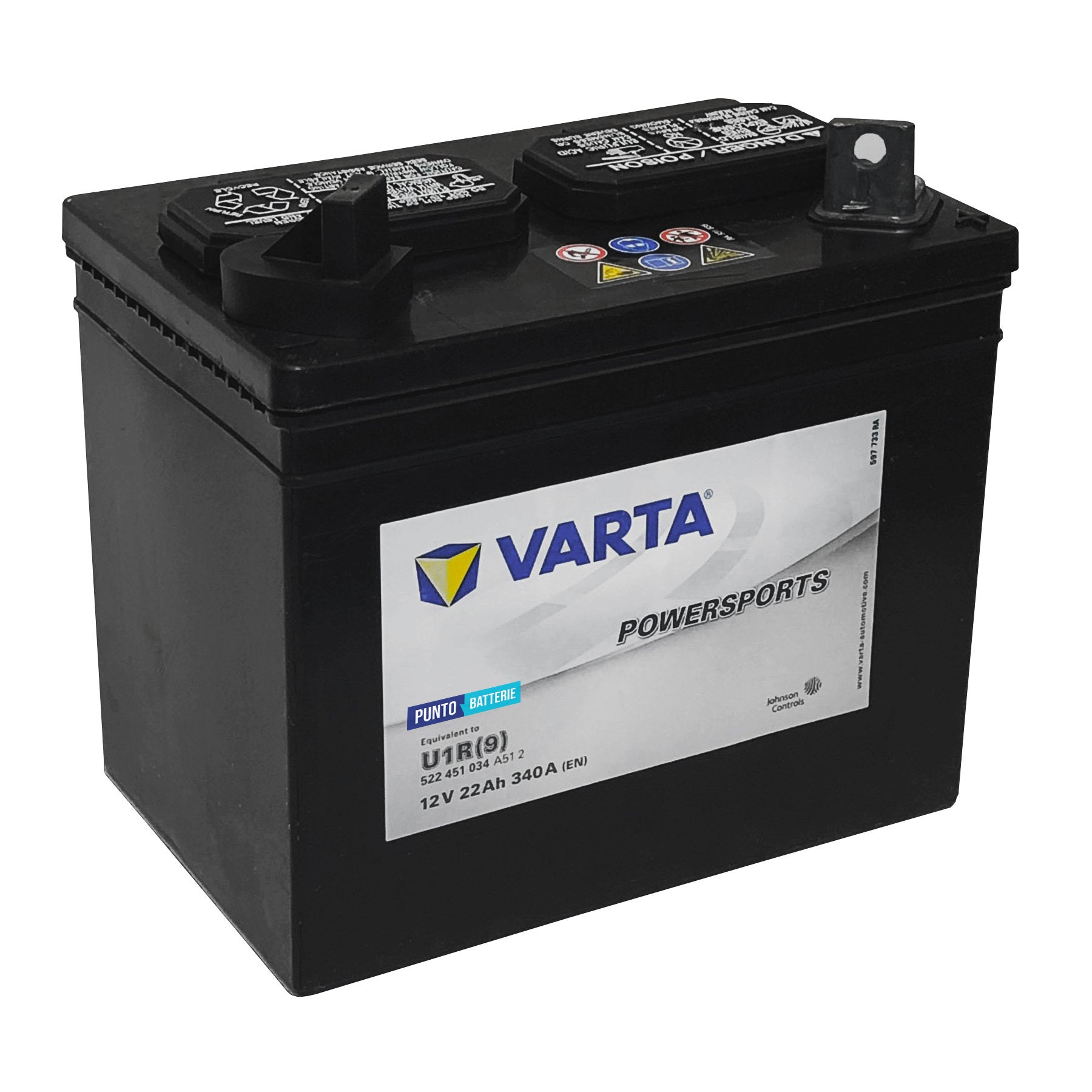 Batteria originale Varta Powersport Gardening U1R-9, dimensioni 196 x 131 x 183, polo positivo a destra, 12 volt, 22 amperora, 340 ampere. Batteria per trattorino tagliaerba e rasaerba.