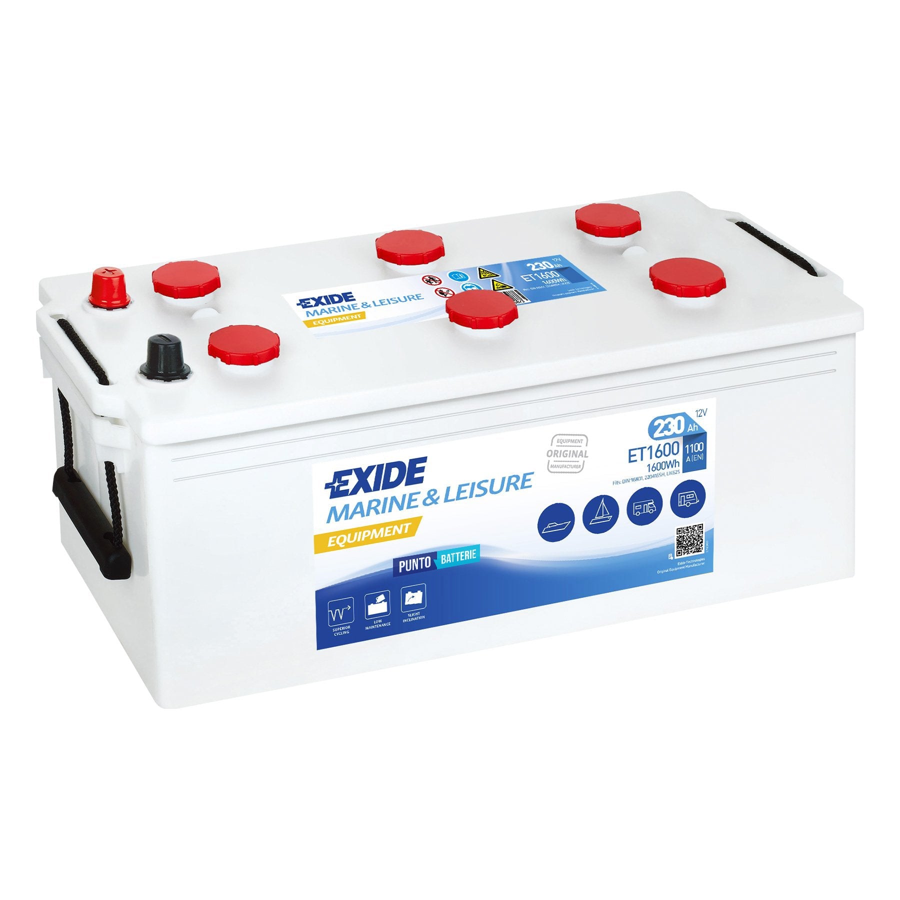 Batteria originale Exide Equipment ET1600, dimensioni 513 x 274 x 249, 12 volt, 230 amperora. Batteria per servizi di camper, barca e applicazioni a scarica lenta.