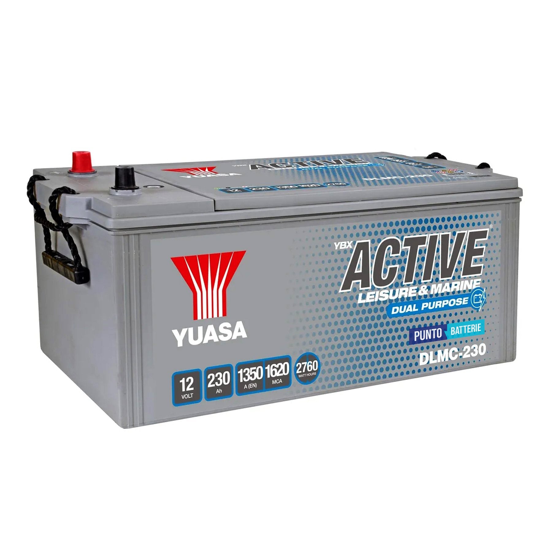 Batteria originale Yuasa YBX ACTIVE Dual Purpose Leisure e Marine DLMC-230, dimensioni 516 x 274 x 236, 12 volt, 230 amperora. Batteria per servizi di camper, barca e applicazioni a scarica lenta.