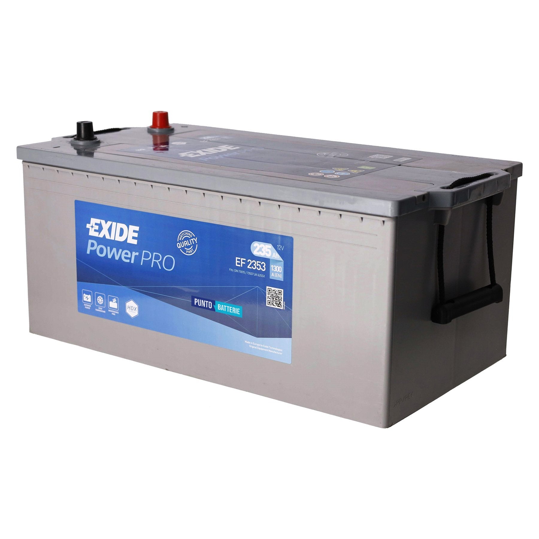 Batteria originale Exide Power PRO EF2353, dimensioni 518 x 274 x 240, polo positivo a sinistra, 12 volt, 235 amperora, 1300 ampere. Batteria per camion e veicoli pesanti.