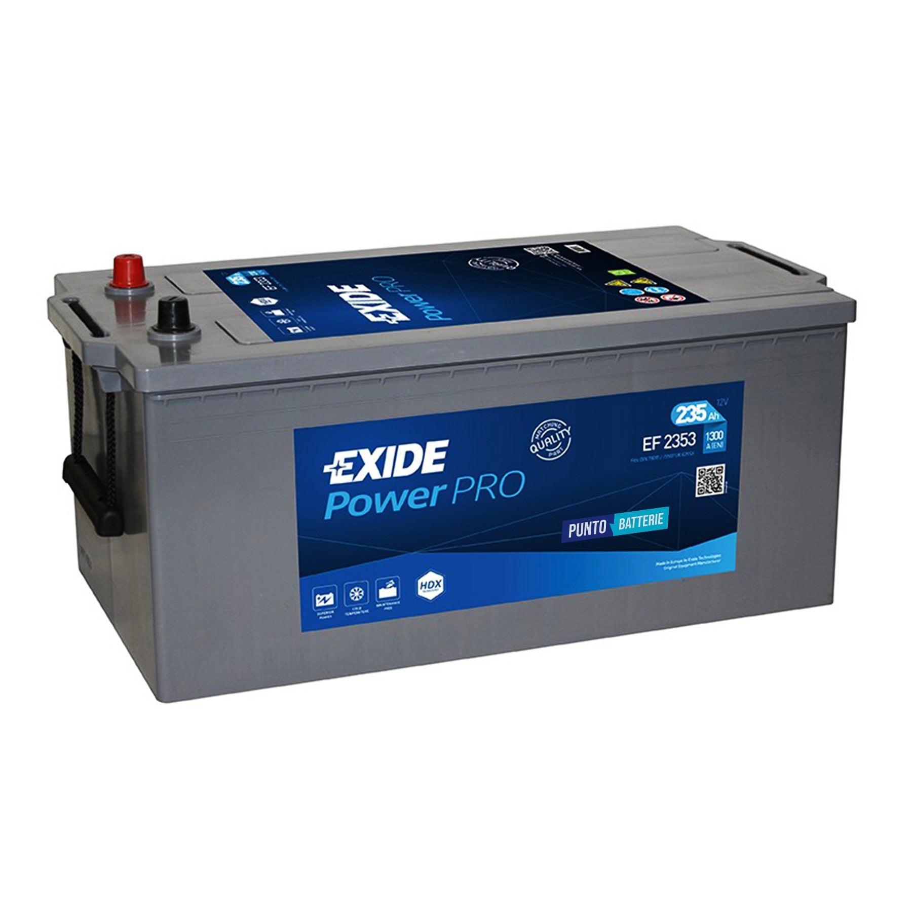Batteria originale Exide Power PRO Agri & Construction EJ2353, dimensioni 518 x 274 x 240, polo positivo a sinistra, 12 volt, 235 amperora, 1450 ampere. Batteria per camion e veicoli pesanti.