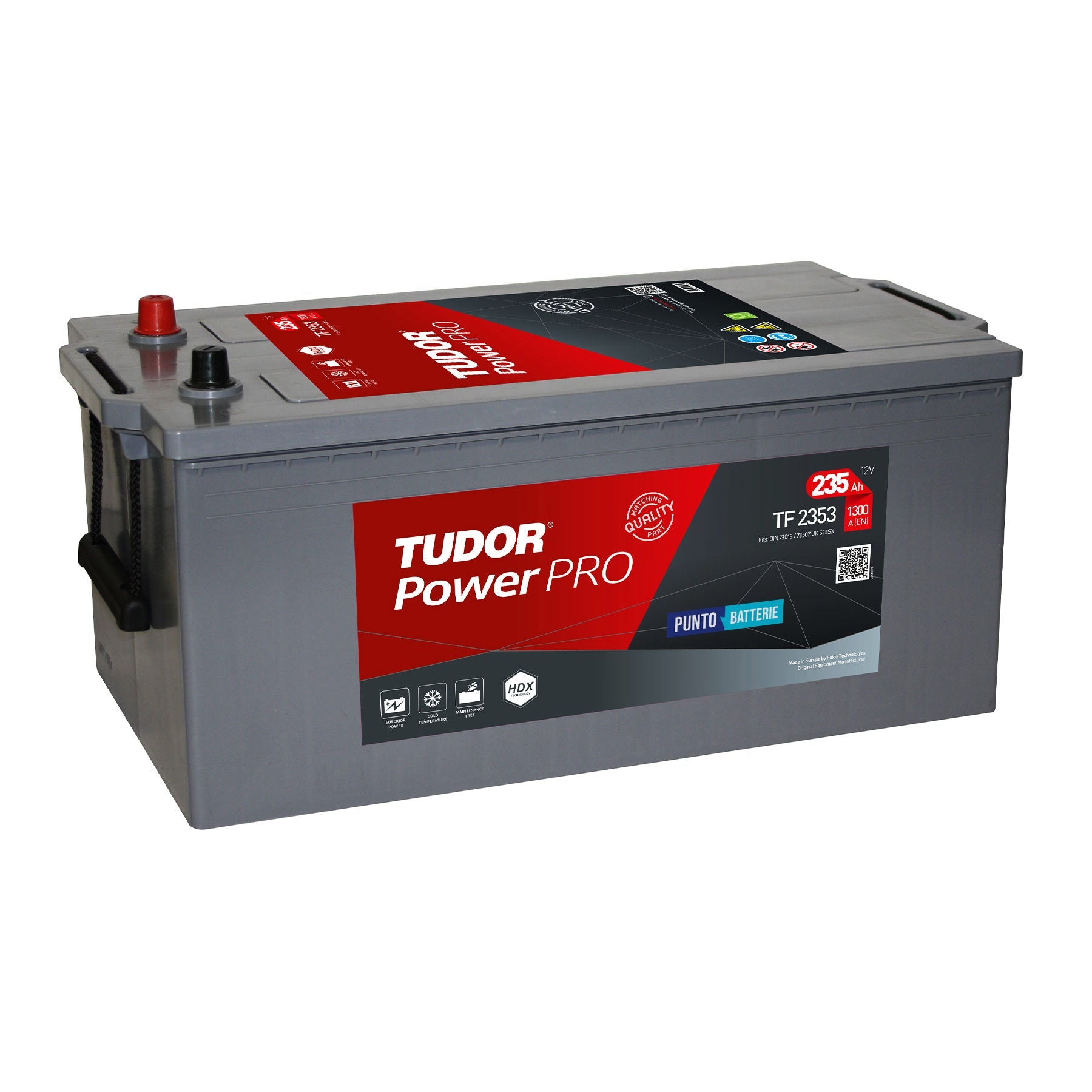 Batteria originale Tudor Power PRO TF2353, dimensioni 518 x 274 x 240, polo positivo a sinistra, 12 volt, 235 amperora, 1300 ampere. Batteria per camion e veicoli pesanti.