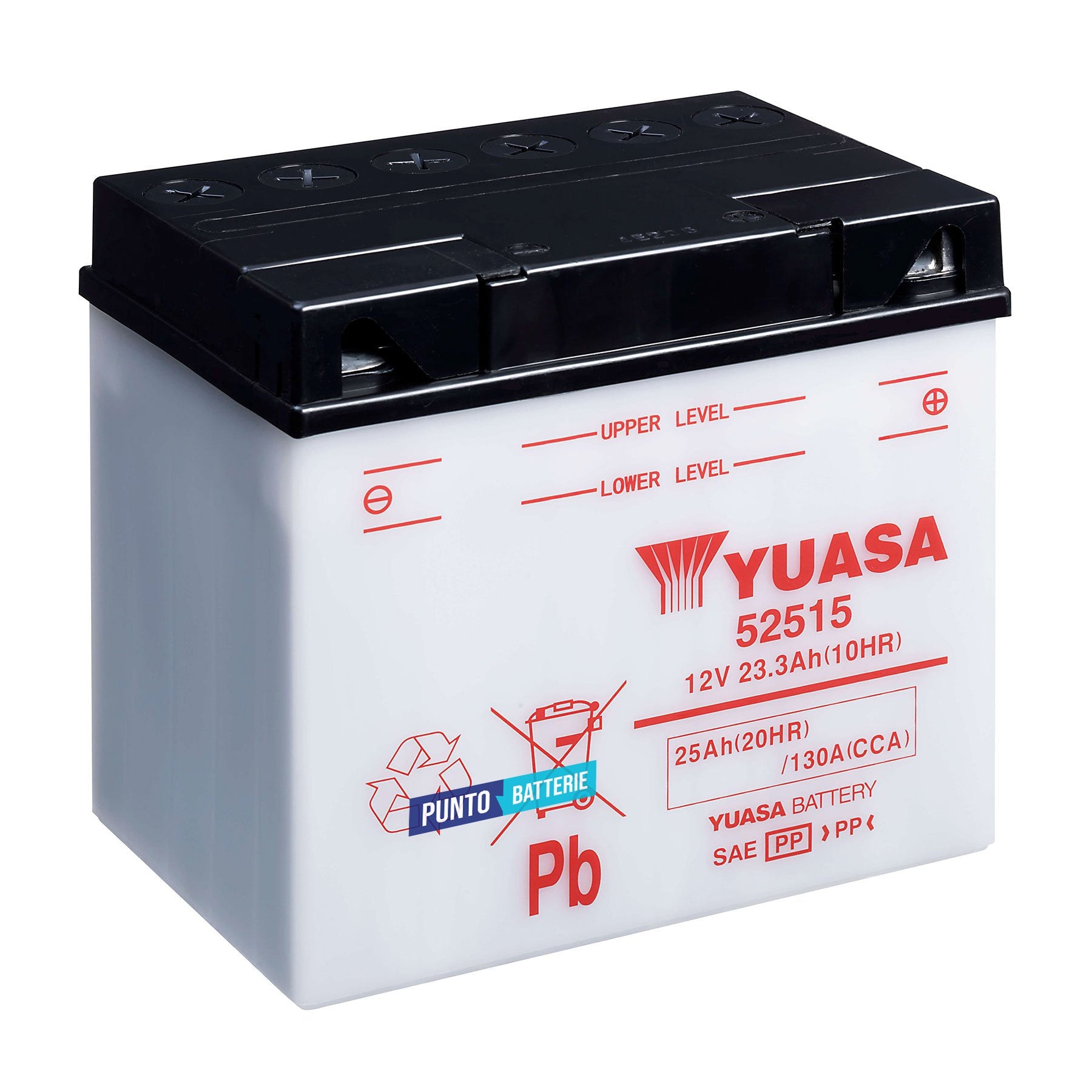 Batteria originale Yuasa YuMicron 52515, dimensioni 186 x 130 x 171, polo positivo a destra, 12 volt, 23 amperora, 130 ampere. Batteria per moto, scooter e powersport.