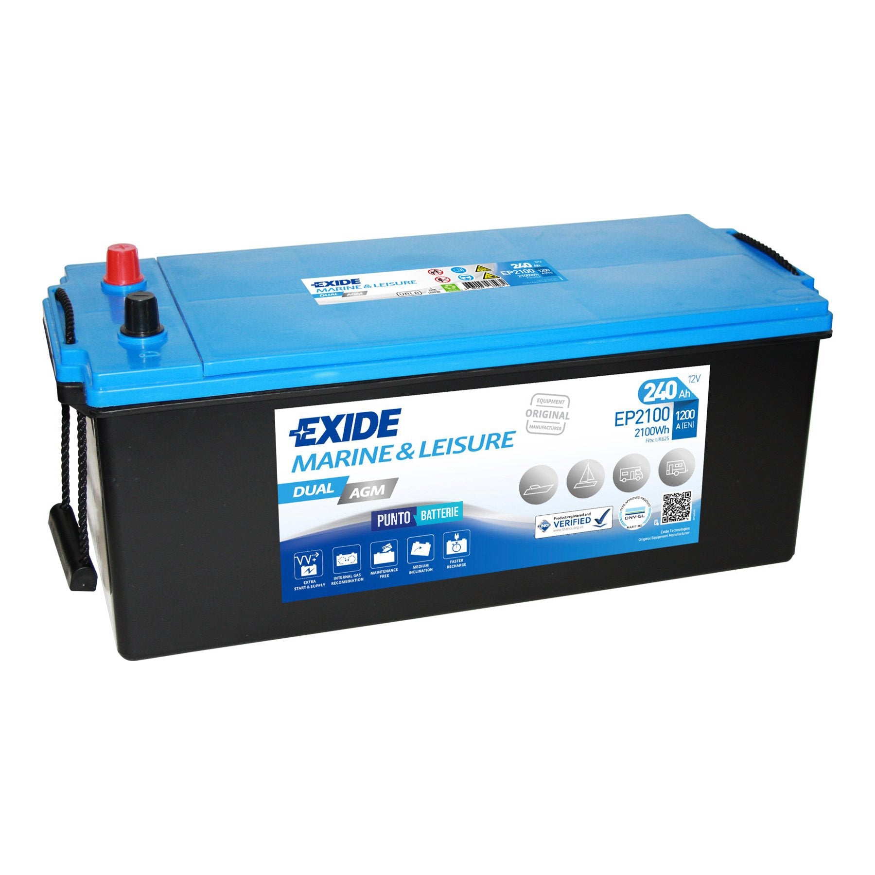 Batteria originale Exide Dual AGM EP2100, dimensioni 518 x 274 x 240, 12 volt, 240 amperora, AGM. Batteria per servizi di camper, barca e applicazioni a scarica lenta.