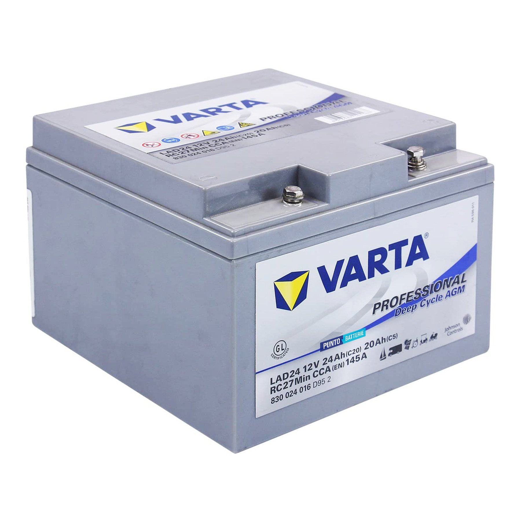 Batteria originale Varta Professional Deep Cycle AGM LAD24, dimensioni 165 x 176 x 125, 12 volt, 24 amperora, AGM. Batteria per servizi di camper, barca e applicazioni a scarica lenta.