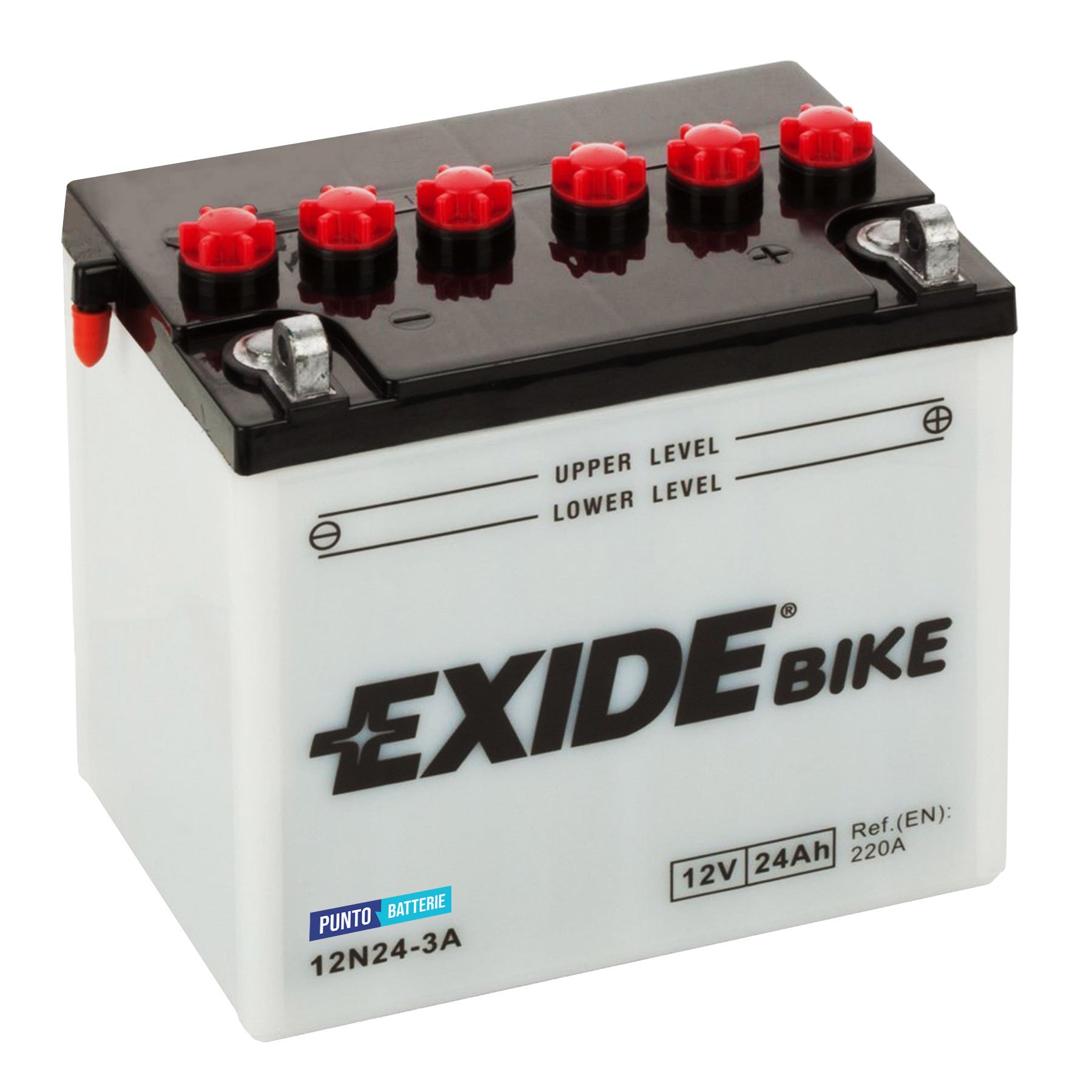 Batteria originale Exide Conventional 12N24-3A, dimensioni 184 x 124 x 175, polo positivo a destra, 12 volt, 24 amperora, 220 ampere. Batteria per moto, scooter e powersport.