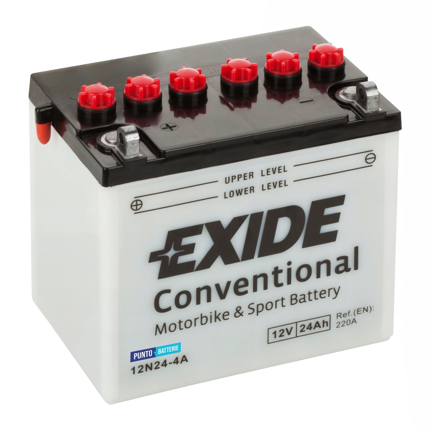 Batteria originale Exide Conventional 12N24-4A, dimensioni 184 x 124 x 175, polo positivo a sinistra, 12 volt, 24 amperora, 220 ampere. Batteria per moto, scooter e powersport.