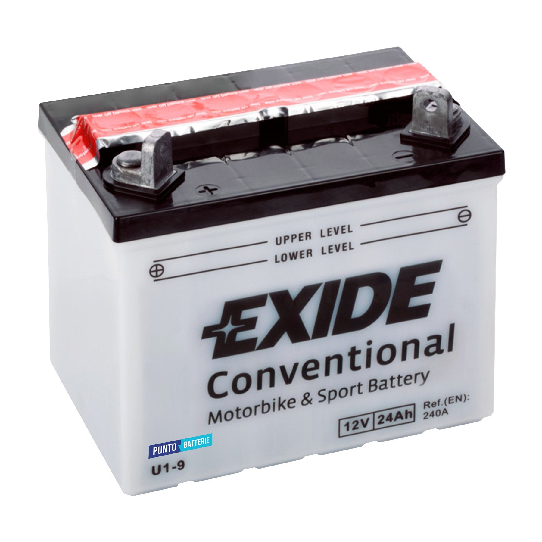 Batteria originale Exide Conventional U1-9, dimensioni 196 x 130 x 180, polo positivo a sinistra, 12 volt, 24 amperora, 240 ampere. Batteria per trattorino tagliaerba e rasaerba.
