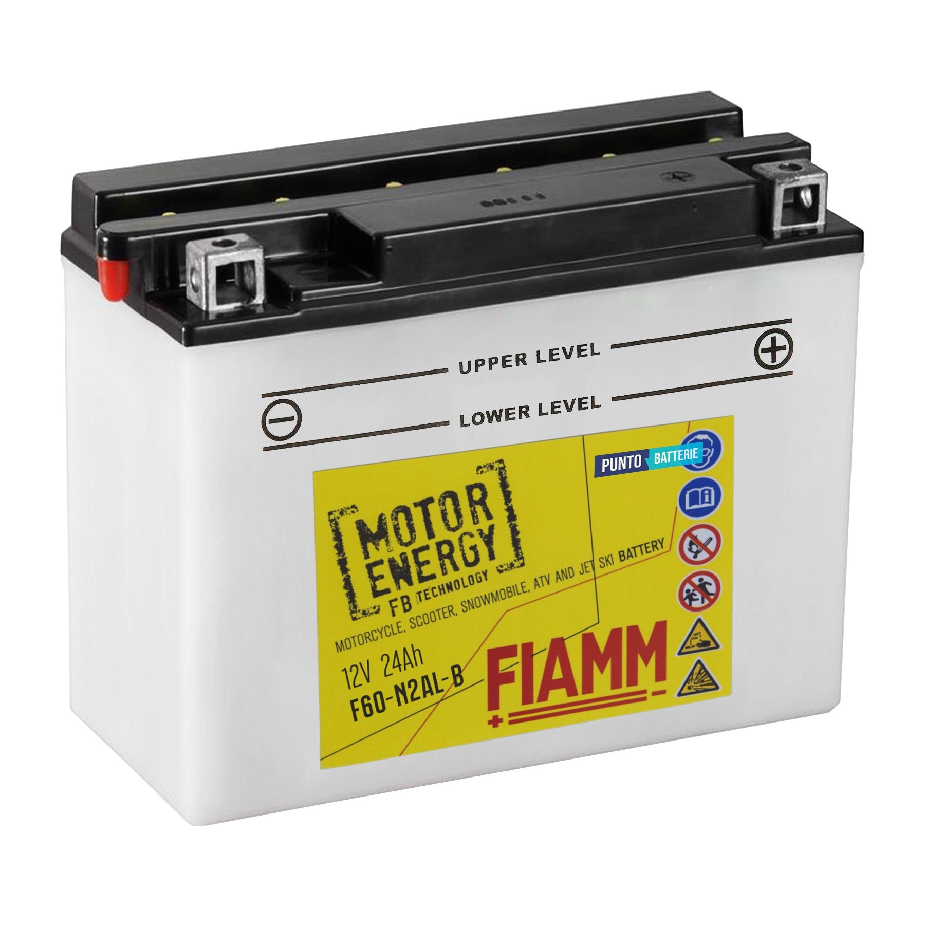 Batteria originale Fiamm Motor Energy FB F60-N24AL-B, dimensioni 186 x 126 x 170, polo positivo a destra, 12 volt, 24 amperora, 260 ampere. Batteria per moto, scooter e powersport.