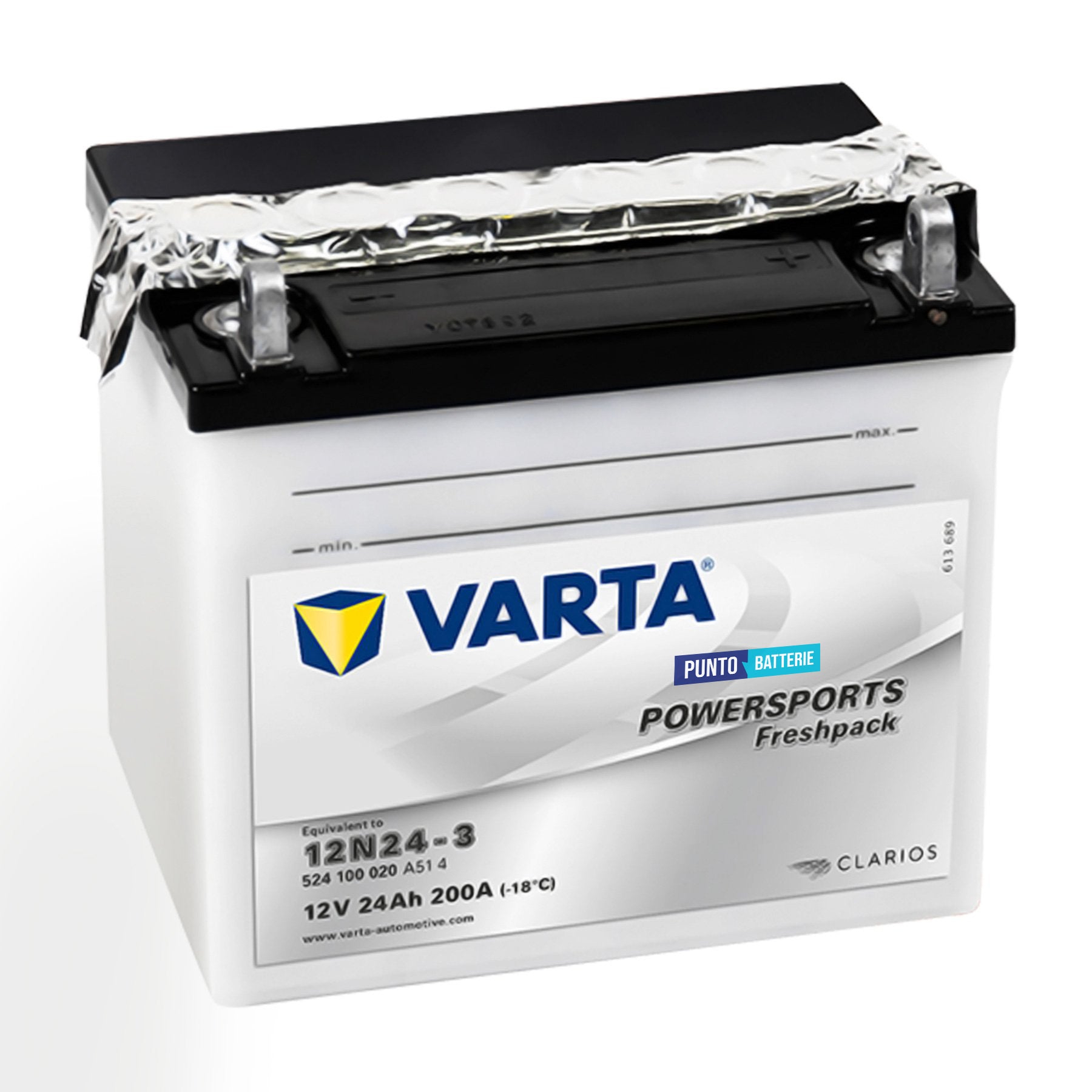 Batteria originale Varta Powersport Freshpack 12N24-3, dimensioni 186 x 125 x 178, polo positivo a destra, 12 volt, 24 amperora, 200 ampere. Batteria per moto, scooter e powersport.