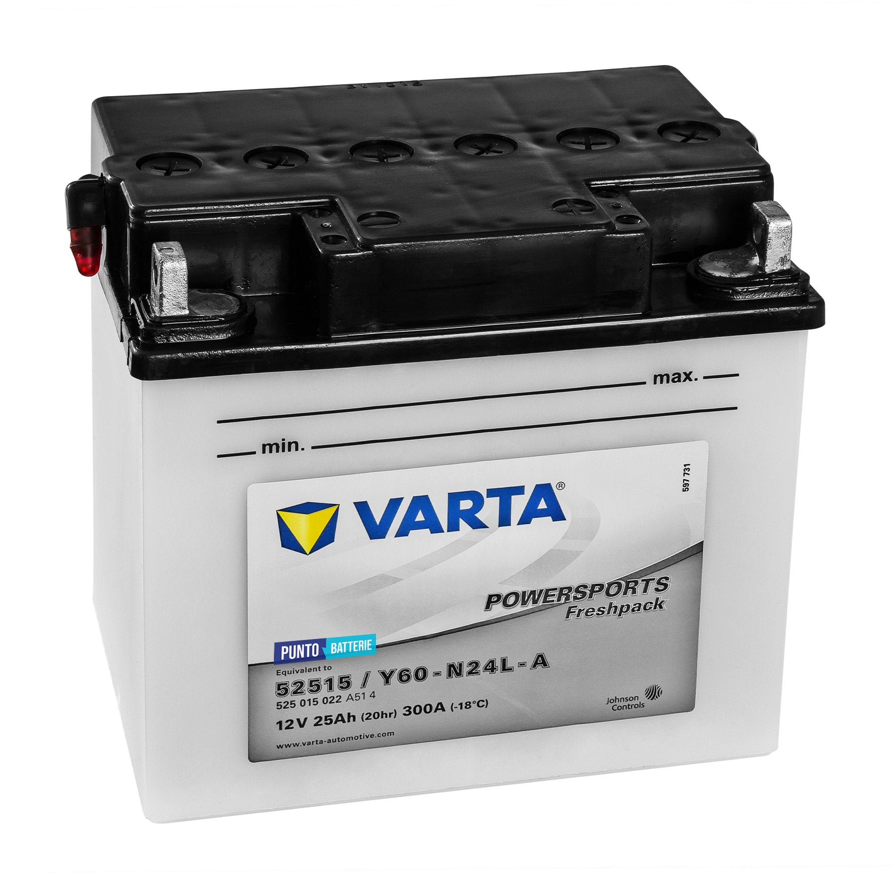 Batteria originale Varta Powersport Freshpack Y60-N24L-A, dimensioni 186 x 130 x 171, polo positivo a destra, 12 volt, 25 amperora, 300 ampere. Batteria per moto, scooter e powersport.