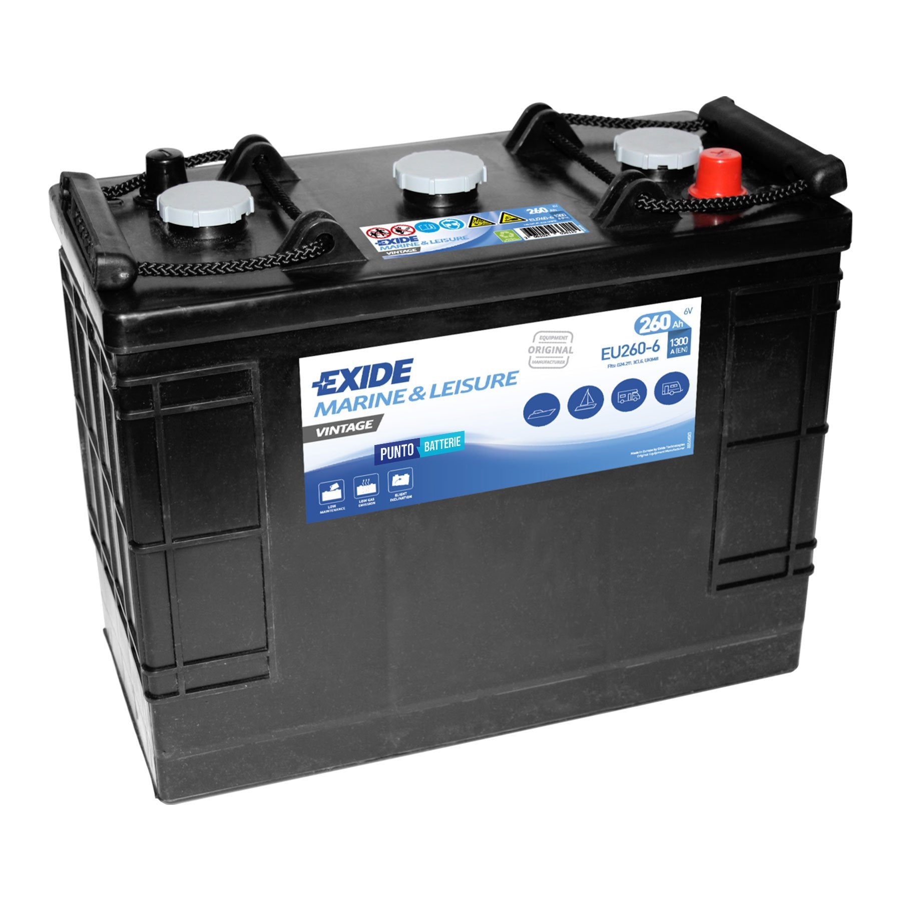 Batteria originale Exide Vintage EU260-6, dimensioni 345 x 172 x 286, 6 volt, 260 amperora, SLI. Batteria per veicoli d'epoca.