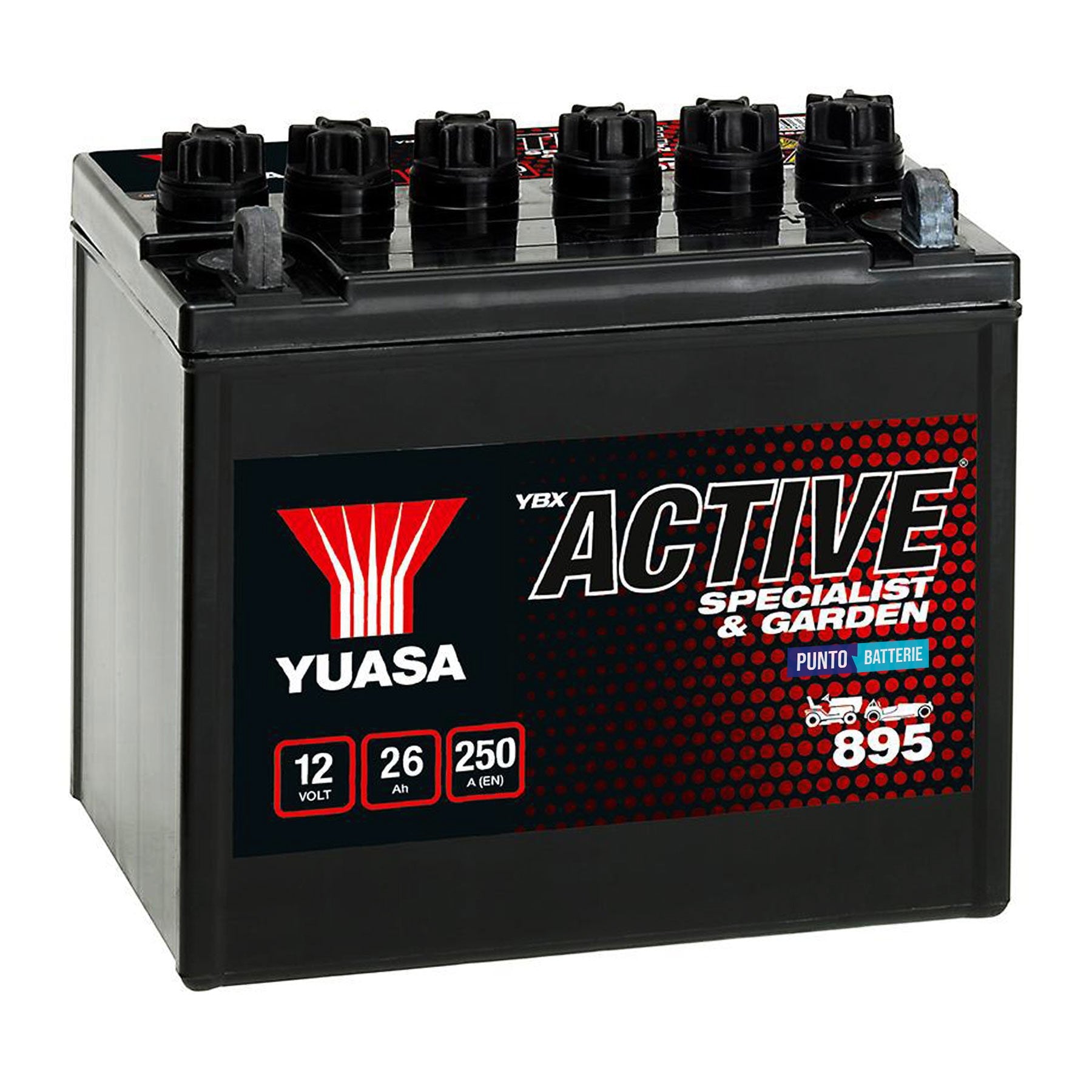 Batteria originale Yuasa YBX ACTIVE Specialist e Garden 895, dimensioni 187 x 127 x 181, polo positivo a destra, 12 volt, 26 amperora, 250 ampere. Batteria per moto, scooter e powersport.