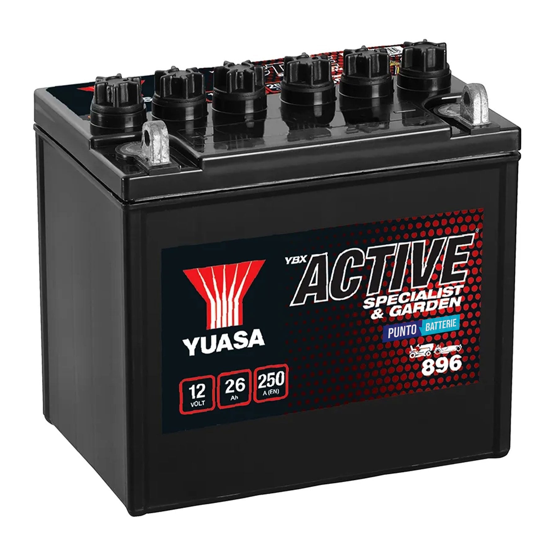 Batteria originale Yuasa YBX ACTIVE Specialist e Garden 896, dimensioni 187 x 127 x 181, polo positivo a sinistra, 12 volt, 26 amperora, 250 ampere. Batteria per moto, scooter e powersport.
