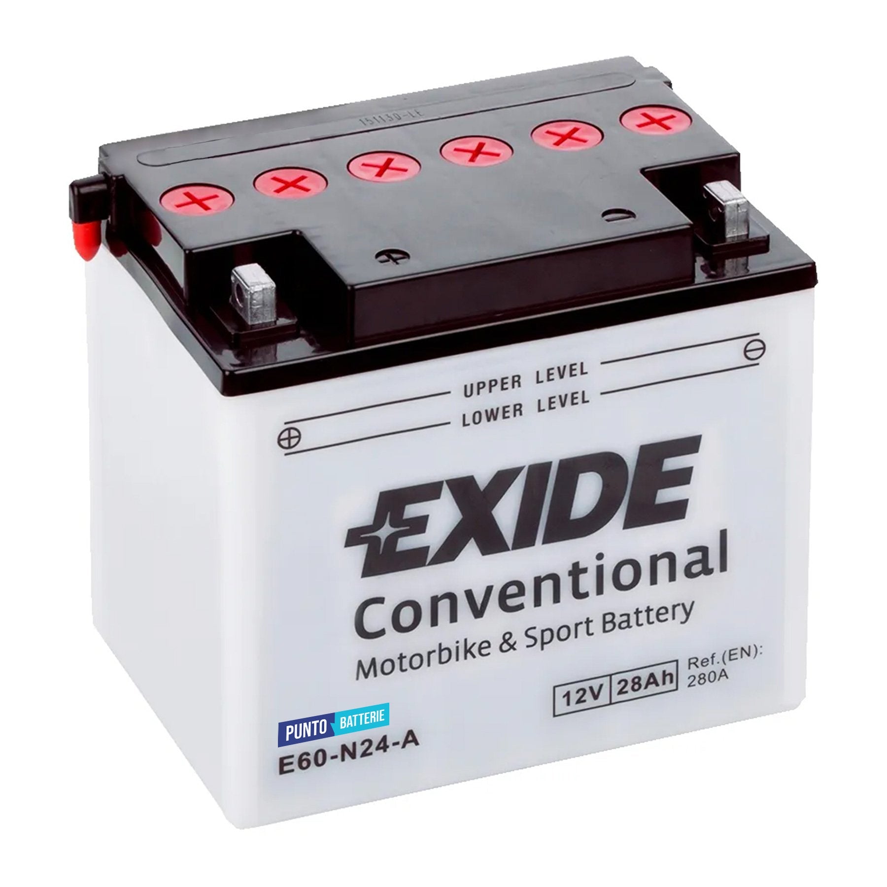 Batteria originale Exide Conventional E60-N24-A, dimensioni 184 x 124 x 169, polo positivo a sinistra, 12 volt, 28 amperora, 280 ampere. Batteria per moto, scooter e powersport.