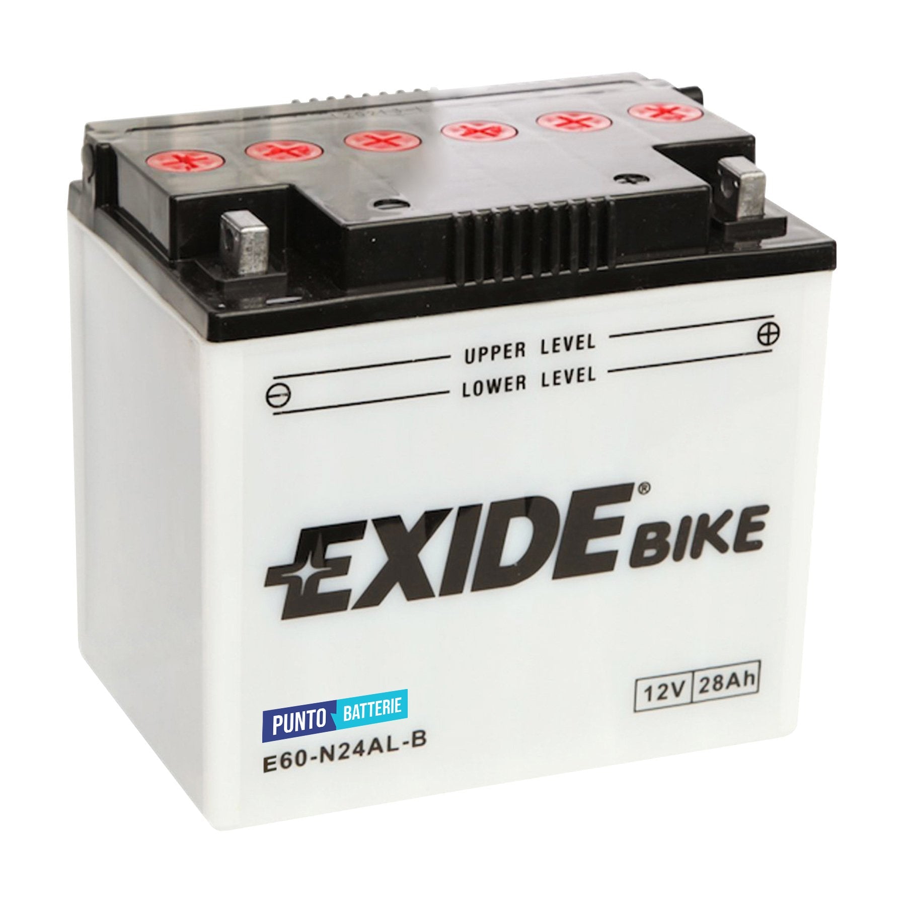 Batteria originale Exide Conventional E60-N24AL-B, dimensioni 184 x 124 x 169, polo positivo a destra, 12 volt, 28 amperora, 280 ampere. Batteria per moto, scooter e powersport.
