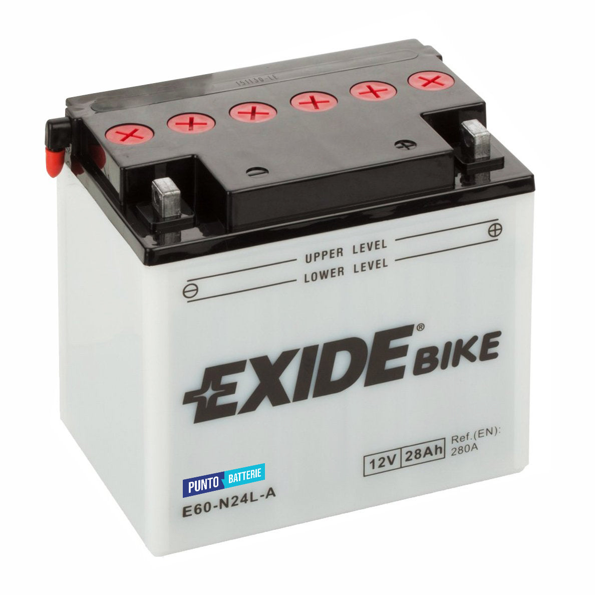 Batteria originale Exide Conventional E60-N24L-A, dimensioni 185 x 125 x 175, polo positivo a destra, 12 volt, 28 amperora, 280 ampere. Batteria per moto, scooter e powersport.