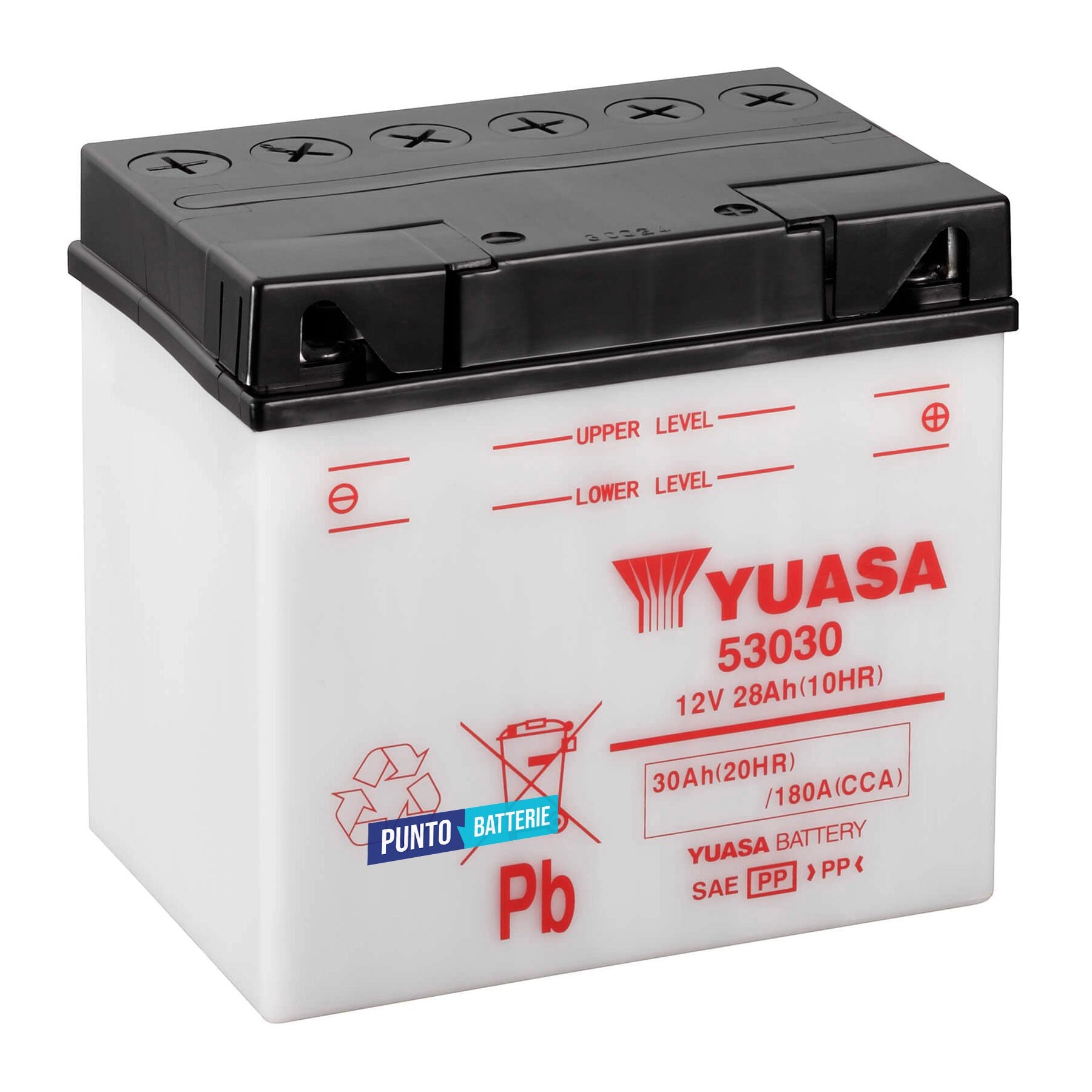 Batteria originale Yuasa YuMicron 53030, dimensioni 186 x 130 x 171, polo positivo a destra, 12 volt, 28 amperora, 180 ampere. Batteria per moto, scooter e powersport.