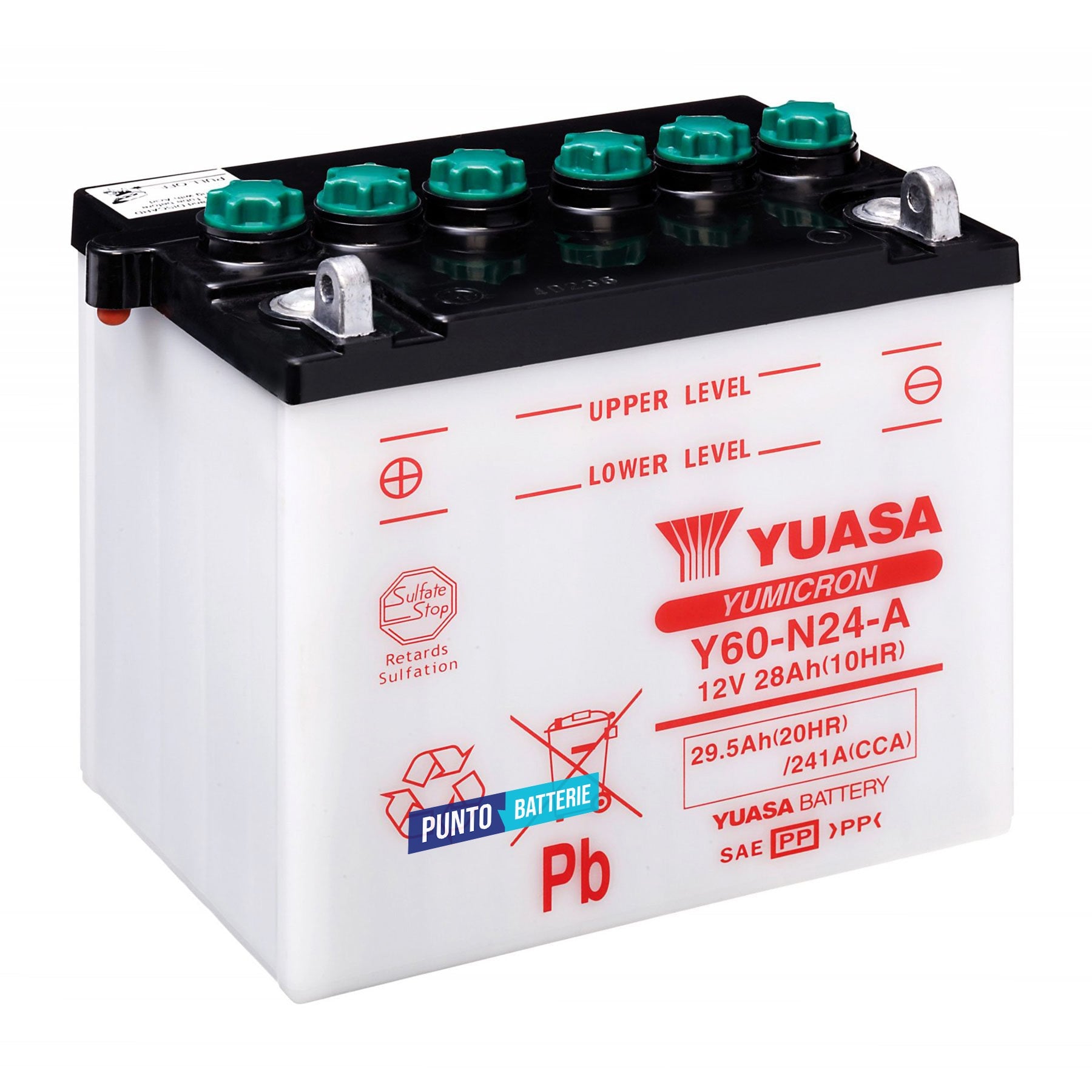 Batteria originale Yuasa YuMicron Y60-N24-A, dimensioni 184 x 124 x 175, polo positivo a sinistra, 12 volt, 28 amperora, 241 ampere. Batteria per moto, scooter e powersport.