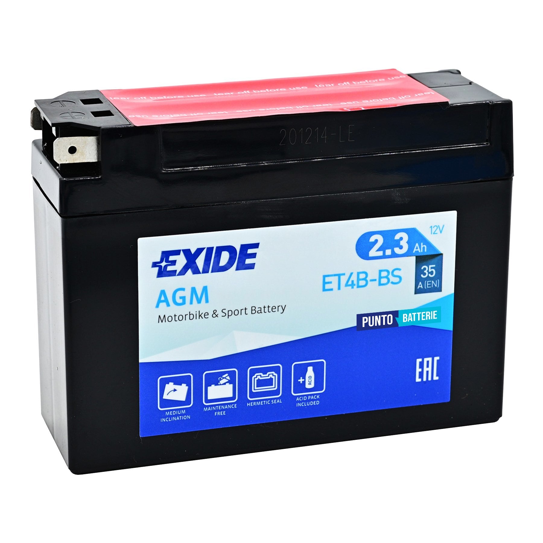 Batteria originale Exide AGM ET4B-BS, dimensioni 113 x 38 x 85, polo positivo a destra, 12 volt, 2 amperora, 35 ampere. Batteria per moto, scooter e powersport.