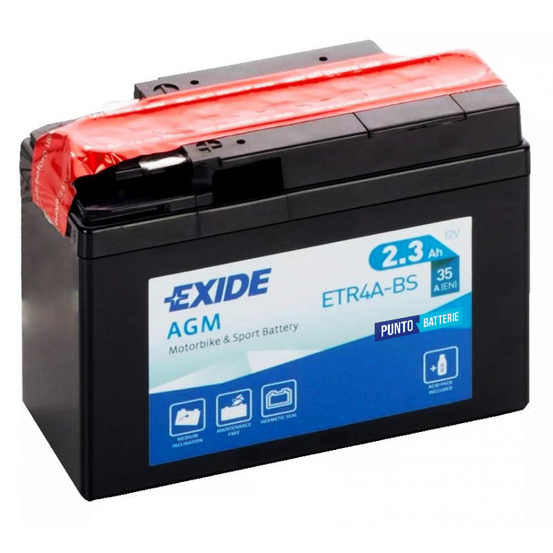 Batteria originale Exide AGM ETR4A-BS, dimensioni 115 x 50 x 85, polo positivo a destra, 12 volt, 2 amperora, 35 ampere. Batteria per moto, scooter e powersport.