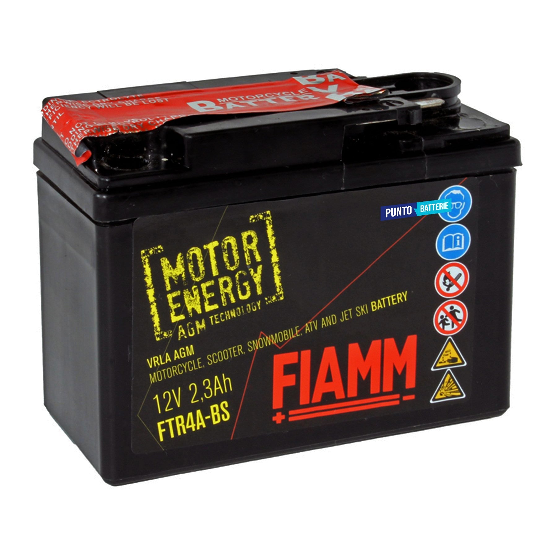 Batteria originale Fiamm Motor Energy AGM FTR4A-BS, dimensioni 113 x 48 x 85, polo positivo a destra, 12 volt, 2 amperora, 30 ampere. Batteria per moto, scooter e powersport.