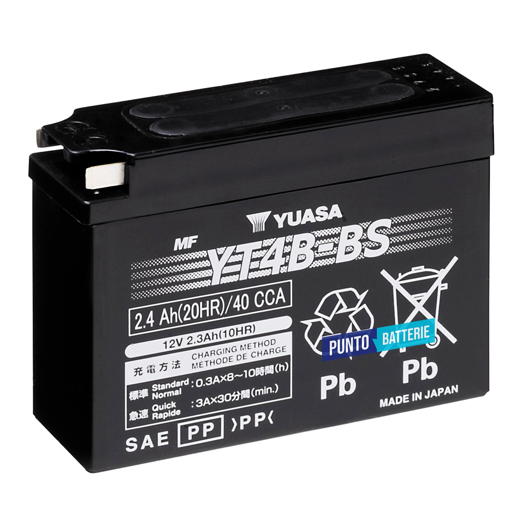 Batteria originale Yuasa YT YT4B-BS, dimensioni 114 x 39 x 86.5, polo positivo a destra, 12 volt, 2 amperora, 40 ampere. Batteria per moto, scooter e powersport.