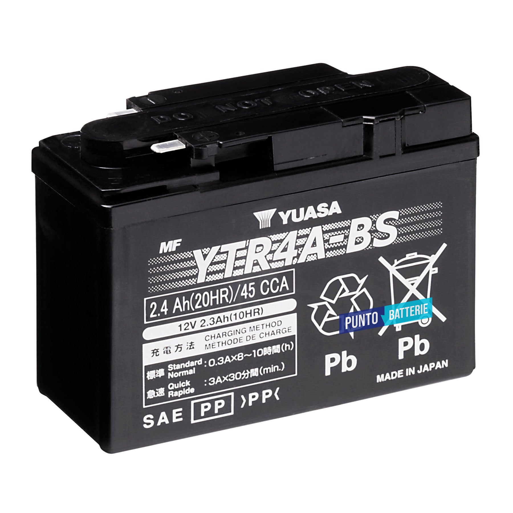 Batteria originale Yuasa YT YTR4A-BS, dimensioni 114 x 49 x 86, polo positivo a destra, 12 volt, 2 amperora, 45 ampere. Batteria per moto, scooter e powersport.