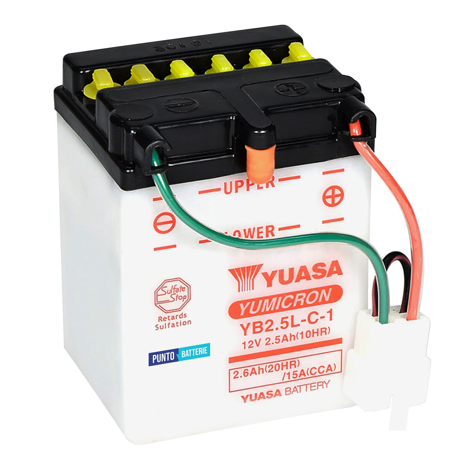 Batteria originale Yuasa YuMicron YB2-5L-C-1, dimensioni 80 x 70 x 105, polo positivo a destra, 12 volt, 2 amperora, 15 ampere. Batteria per moto, scooter e powersport.