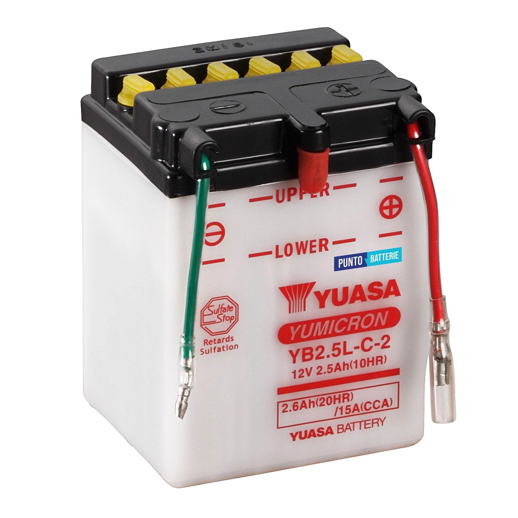 Batteria originale Yuasa YuMicron YB2-5L-C-2, dimensioni 81 x 71 x 106, polo positivo a destra, 12 volt, 2 amperora, 15 ampere. Batteria per moto, scooter e powersport.
