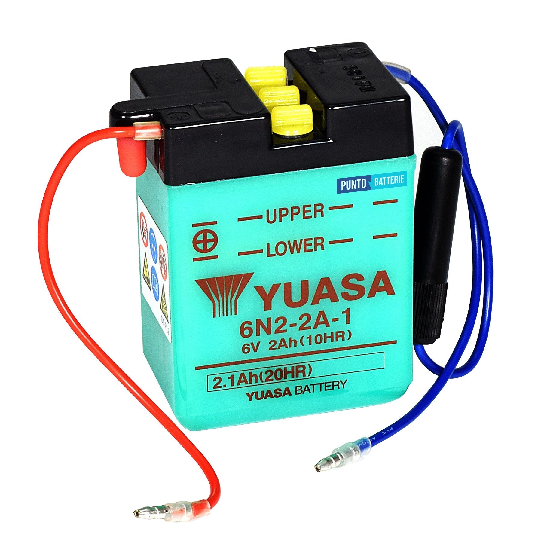 Batteria originale Yuasa Conventional 6N2-2A-1, dimensioni 70 x 47 x 96, polo positivo a sinistra, 6 volt, 2 amperora. Batteria per moto, scooter e powersport.