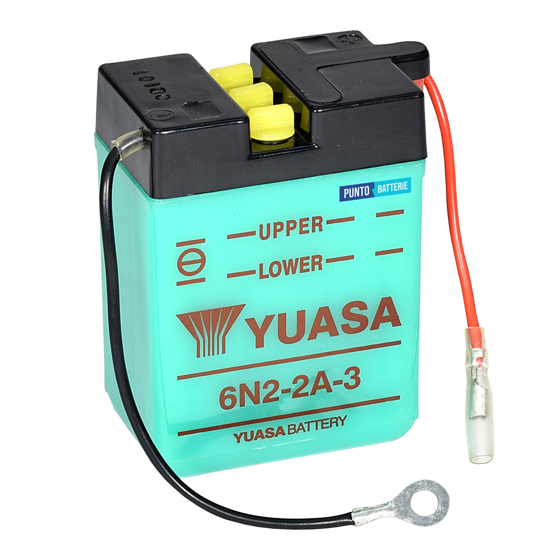 Batteria originale Yuasa Conventional 6N2-2A-3, dimensioni 70 x 47 x 96, polo positivo a sinistra, 6 volt, 2 amperora. Batteria per moto, scooter e powersport.