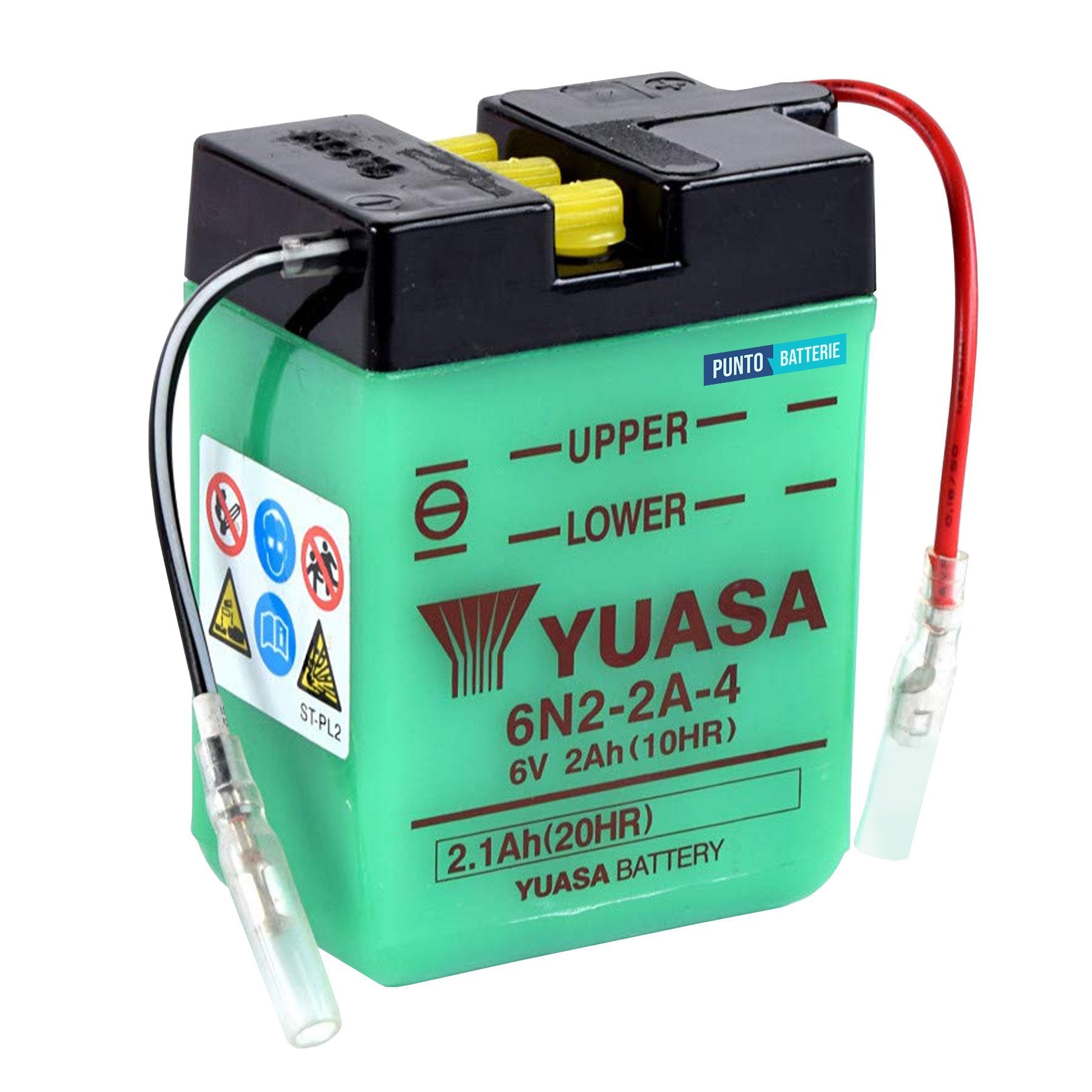 Batteria originale Yuasa Conventional 6N2-2A-4, dimensioni 70 x 47 x 96, polo positivo a sinistra, 6 volt, 2 amperora. Batteria per moto, scooter e powersport.