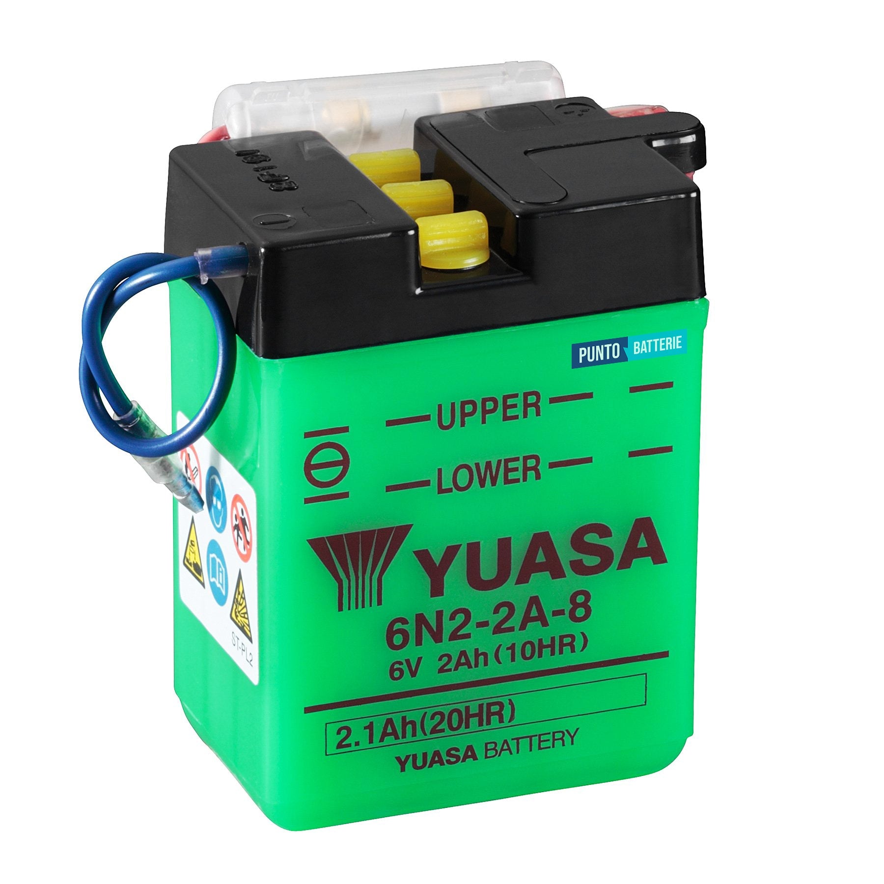 Batteria originale Yuasa Conventional 6N2-2A-8, dimensioni 70 x 47 x 96, polo positivo a sinistra, 6 volt, 2 amperora. Batteria per moto, scooter e powersport.