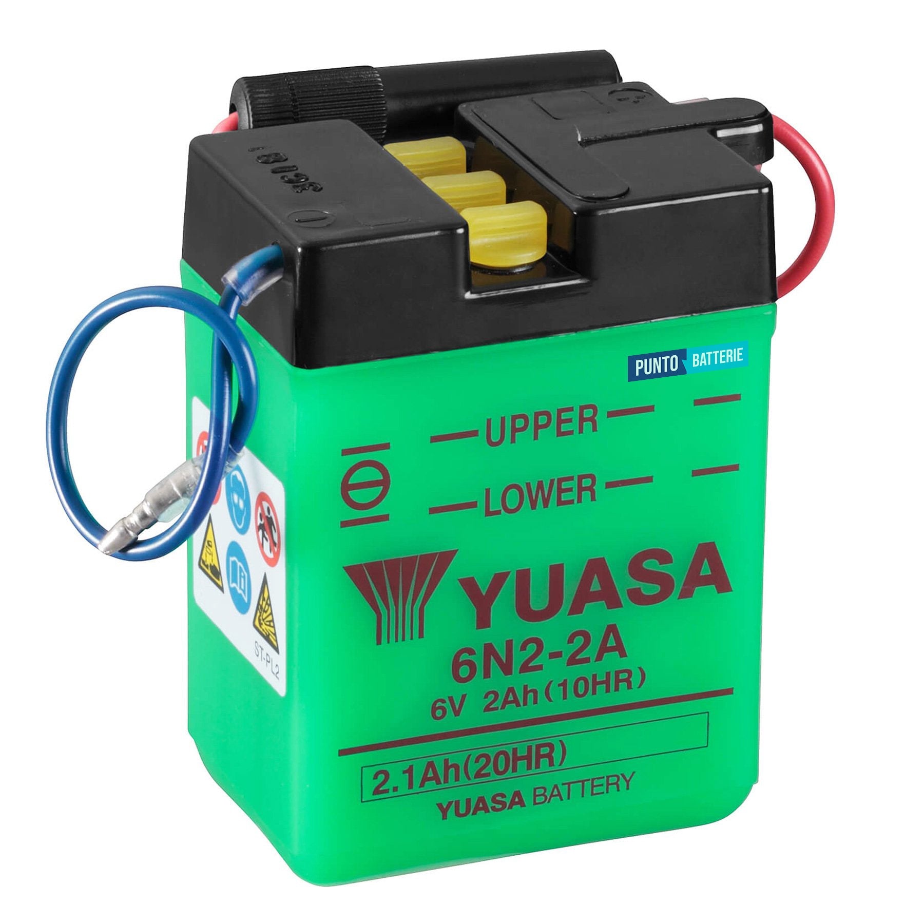 Batteria originale Yuasa Conventional 6N2-2A, dimensioni 70 x 47 x 96, polo positivo a sinistra, 6 volt, 2 amperora. Batteria per moto, scooter e powersport.