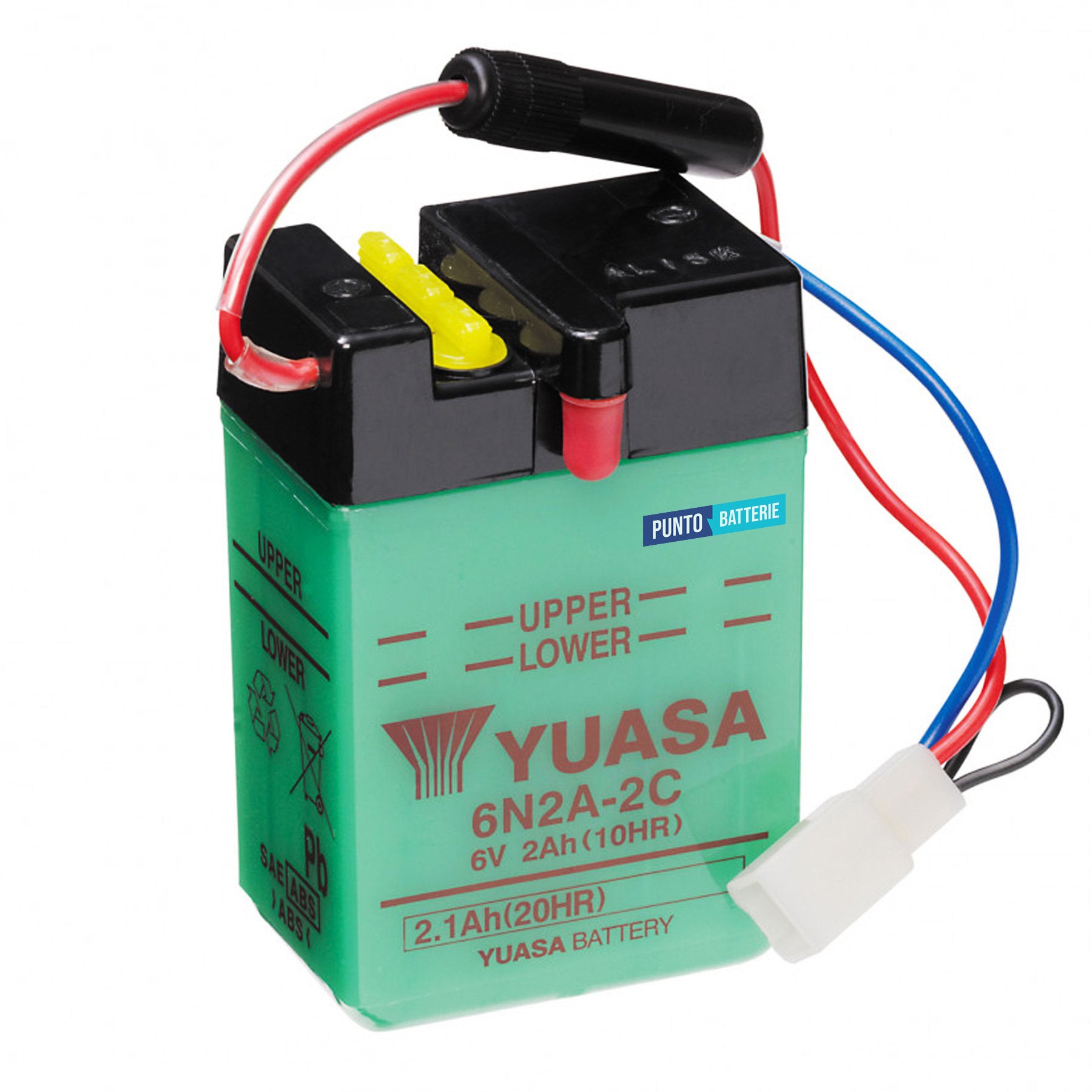 Batteria originale Yuasa Conventional 6N2A-2C, dimensioni 70 x 47 x 106, polo positivo a sinistra, 6 volt, 2 amperora. Batteria per moto, scooter e powersport.