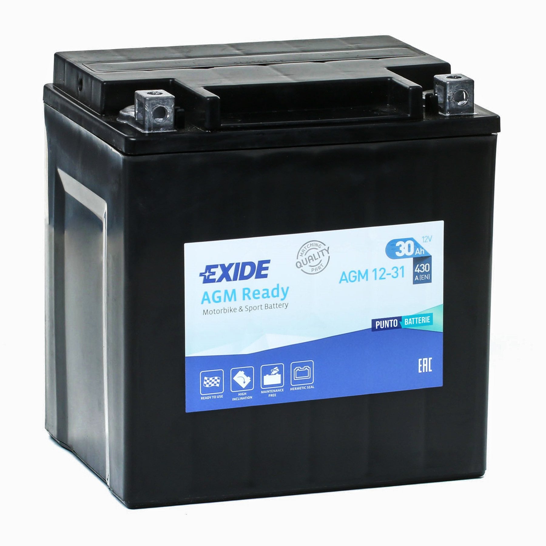 Batteria originale Exide AGM Ready AGM12-31, dimensioni 165 x 130 x 175, polo positivo a destra, 12 volt, 30 amperora, 430 ampere. Batteria per moto, scooter e powersport.