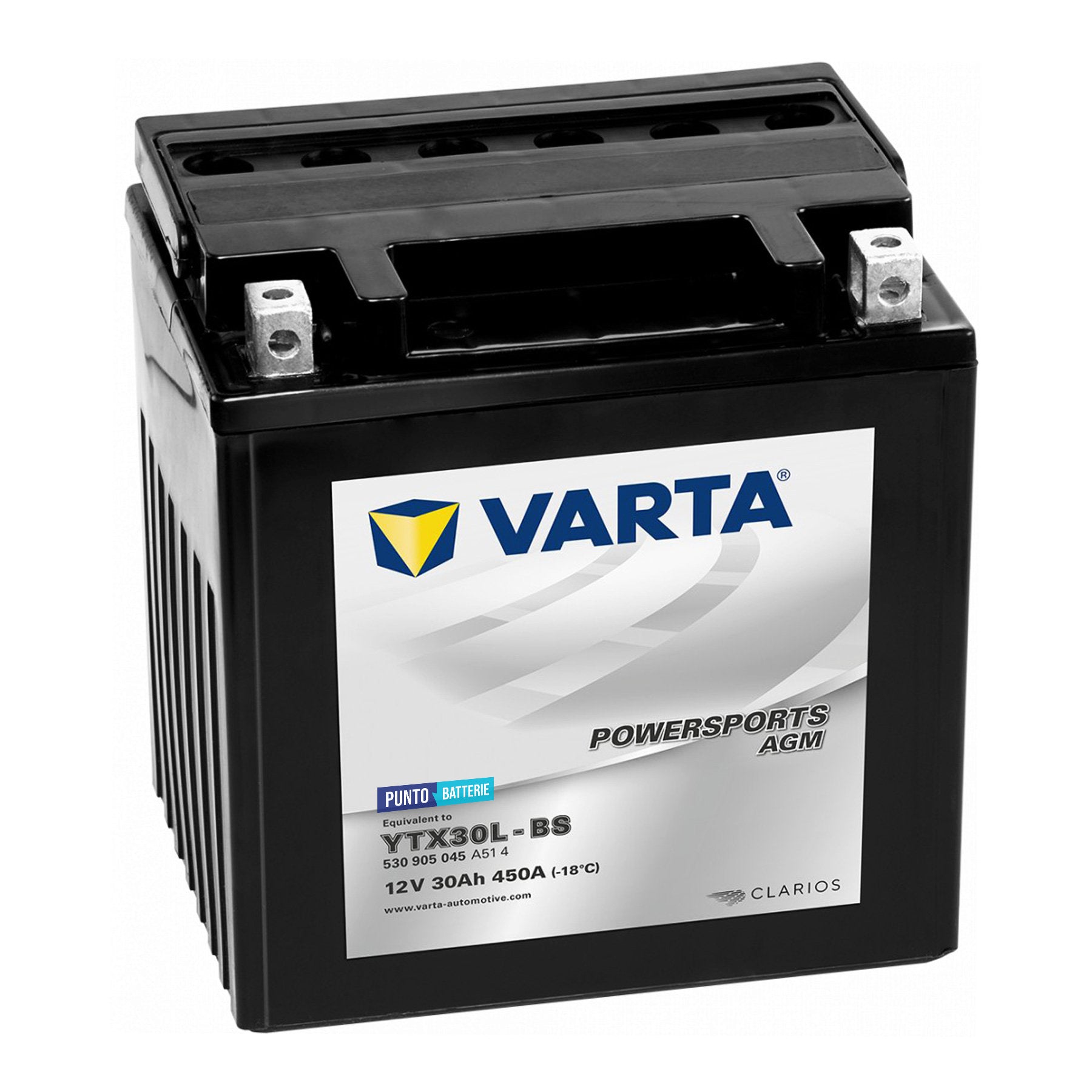 Batteria originale Varta Powersport AGM YTX30L-BS, dimensioni 166 x 127 x 175, polo positivo a destra, 12 volt, 30 amperora, 450 ampere. Batteria per moto, scooter e powersport.