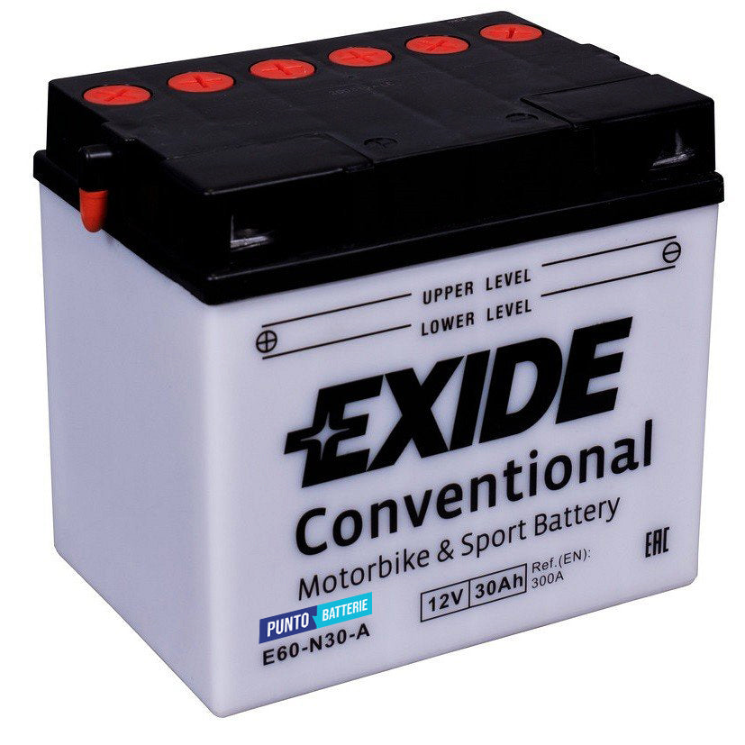 Batteria originale Exide Conventional E60-N30-A, dimensioni 185 x 130 x 170, polo positivo a sinistra, 12 volt, 30 amperora, 300 ampere. Batteria per moto, scooter e powersport.