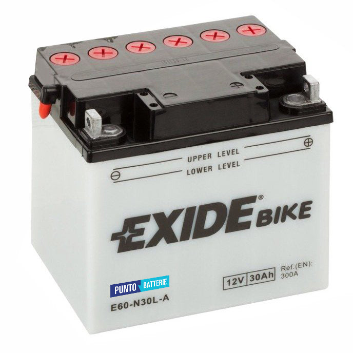 Batteria originale Exide Conventional E60-N30L-A, dimensioni 185 x 130 x 170, polo positivo a destra, 12 volt, 30 amperora, 300 ampere. Batteria per moto, scooter e powersport.