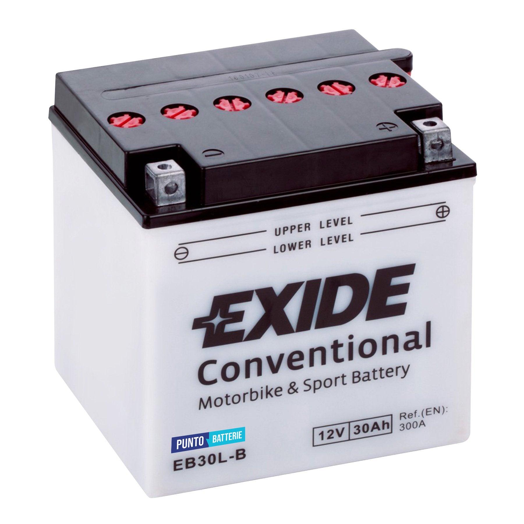 Batteria originale Exide Conventional EB30L-B, dimensioni 165 x 130 x 176, polo positivo a destra, 12 volt, 30 amperora, 300 ampere. Batteria per moto, scooter e powersport.