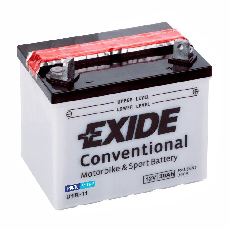 Batteria originale Exide Conventional U1R-11, dimensioni 195 x 130 x 180, polo positivo a destra, 12 volt, 30 amperora, 300 ampere. Batteria per trattorino tagliaerba e rasaerba.