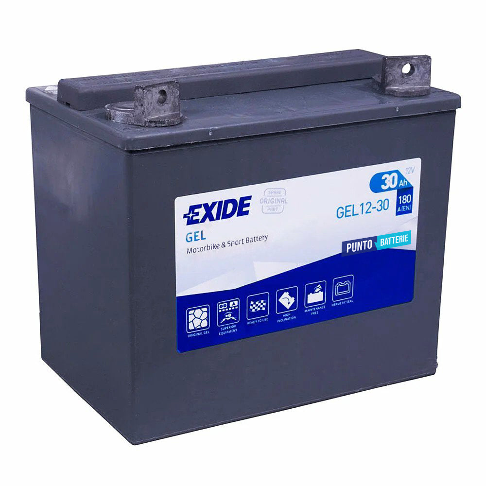 Batteria originale Exide GEL GEL12-30, dimensioni 197 x 132 x 186, polo positivo a sinistra, 12 volt, 30 amperora, 180 ampere. Batteria per moto, scooter e powersport.