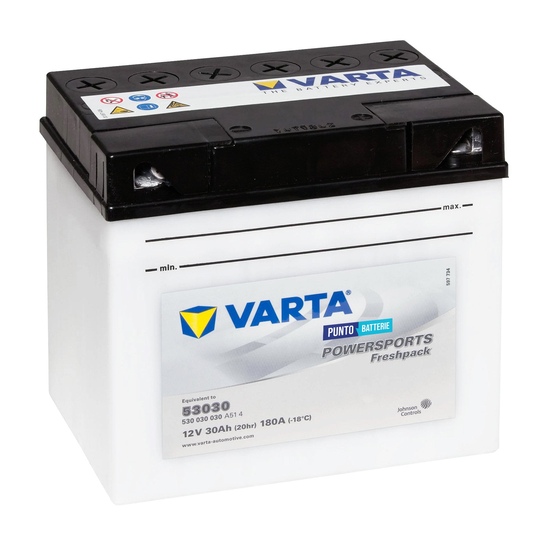 Batteria originale Varta Powersport Freshpack 53030, dimensioni 186 x 82 x 171, polo positivo a destra, 12 volt, 30 amperora, 300 ampere. Batteria per moto, scooter e powersport.