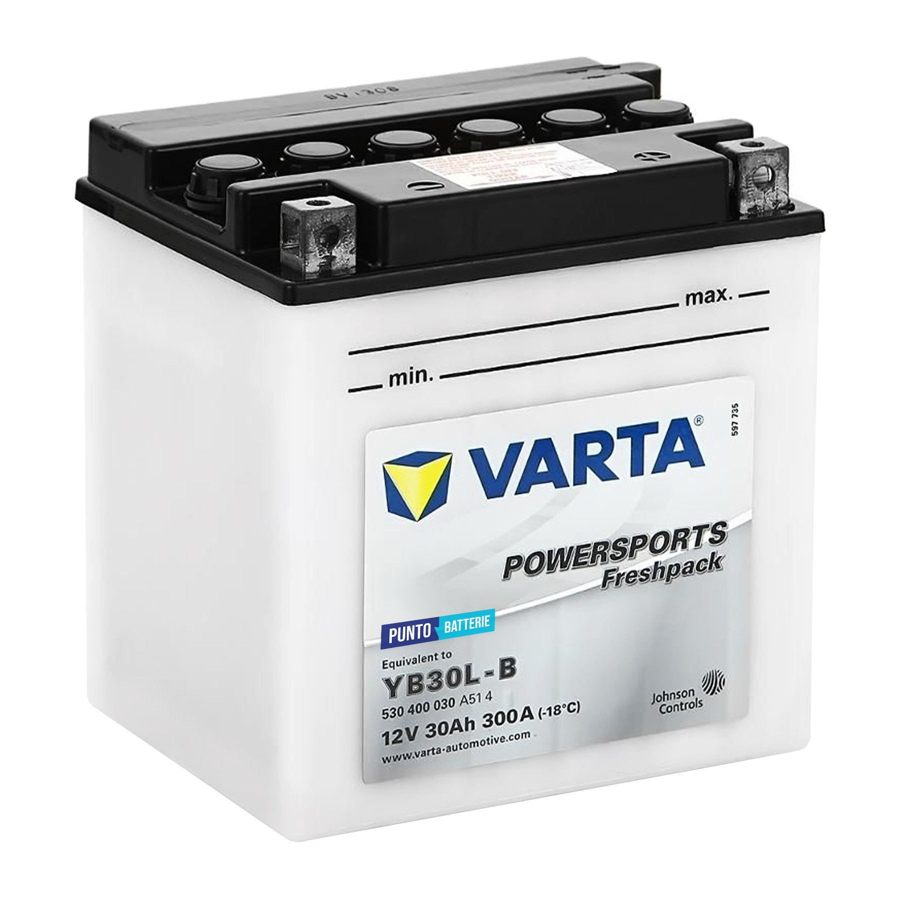Batteria originale Varta Powersport Freshpack YB30L-B, dimensioni 176 x 101 x 176, polo positivo a destra, 12 volt, 30 amperora, 300 ampere. Batteria per moto, scooter e powersport.