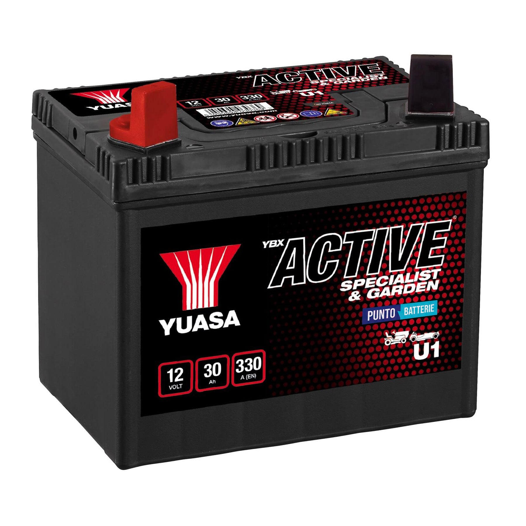Batteria originale Yuasa YBX ACTIVE Specialist e Garden U1, dimensioni 194 x 126 x 183, polo positivo a sinistra, 12 volt, 30 amperora, 330 ampere. Batteria per trattorino tagliaerba e rasaerba.