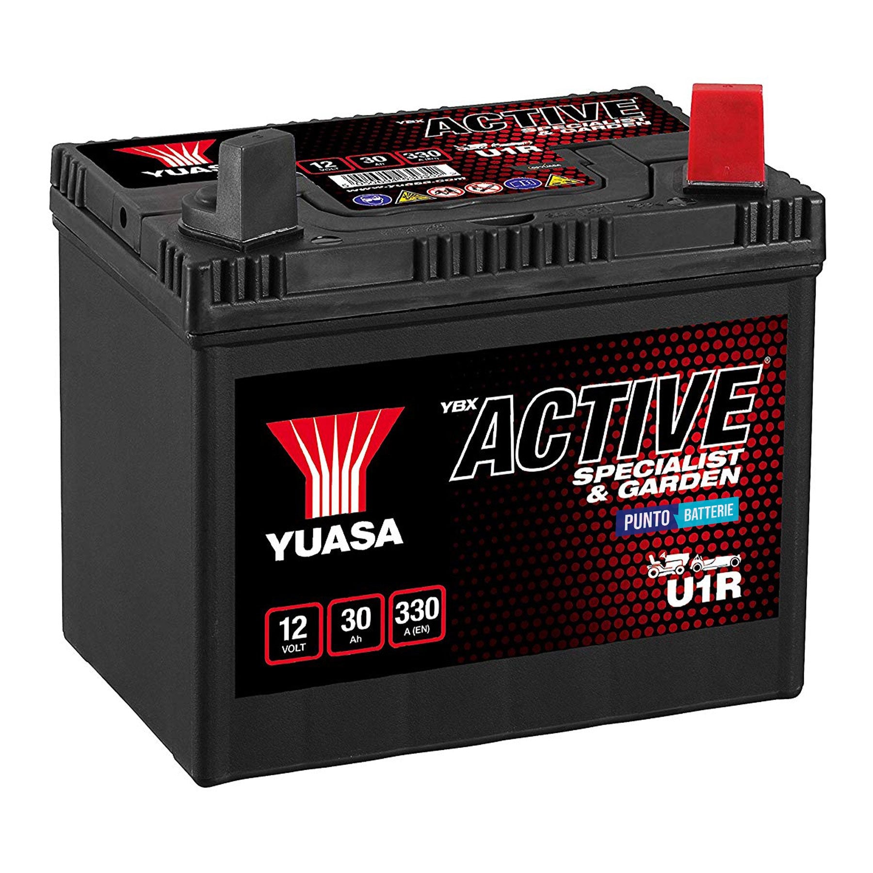 Batteria originale Yuasa YBX ACTIVE Specialist e Garden U1R, dimensioni 194 x 126 x 183, polo positivo a destra, 12 volt, 30 amperora, 330 ampere. Batteria per trattorino tagliaerba e rasaerba.
