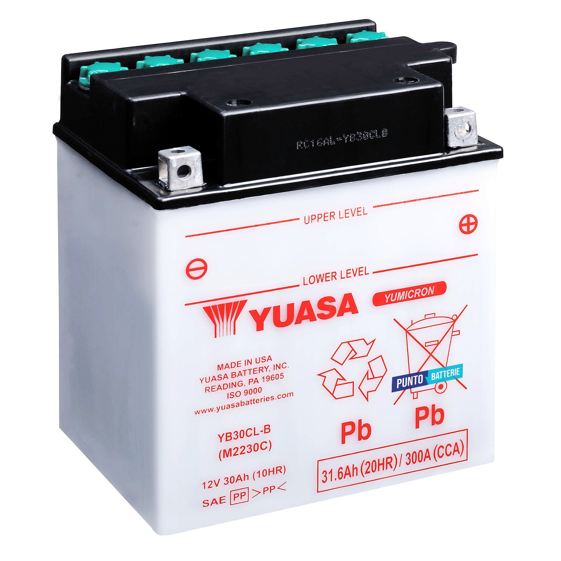 Batteria originale Yuasa YuMicron YB30CL-B, dimensioni 168 x 132 x 192, polo positivo a destra, 12 volt, 30 amperora, 300 ampere. Batteria per moto, scooter e powersport.