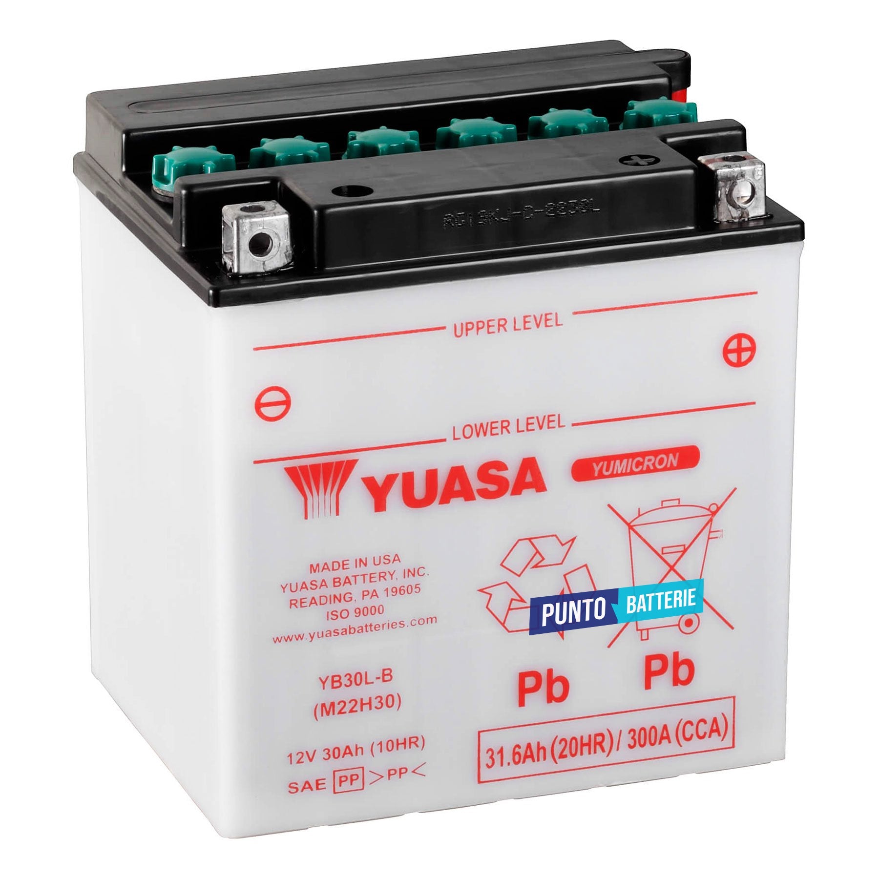 Batteria originale Yuasa YuMicron YB30L-B, dimensioni 168 x 132 x 176, polo positivo a destra, 12 volt, 30 amperora, 300 ampere. Batteria per moto, scooter e powersport.
