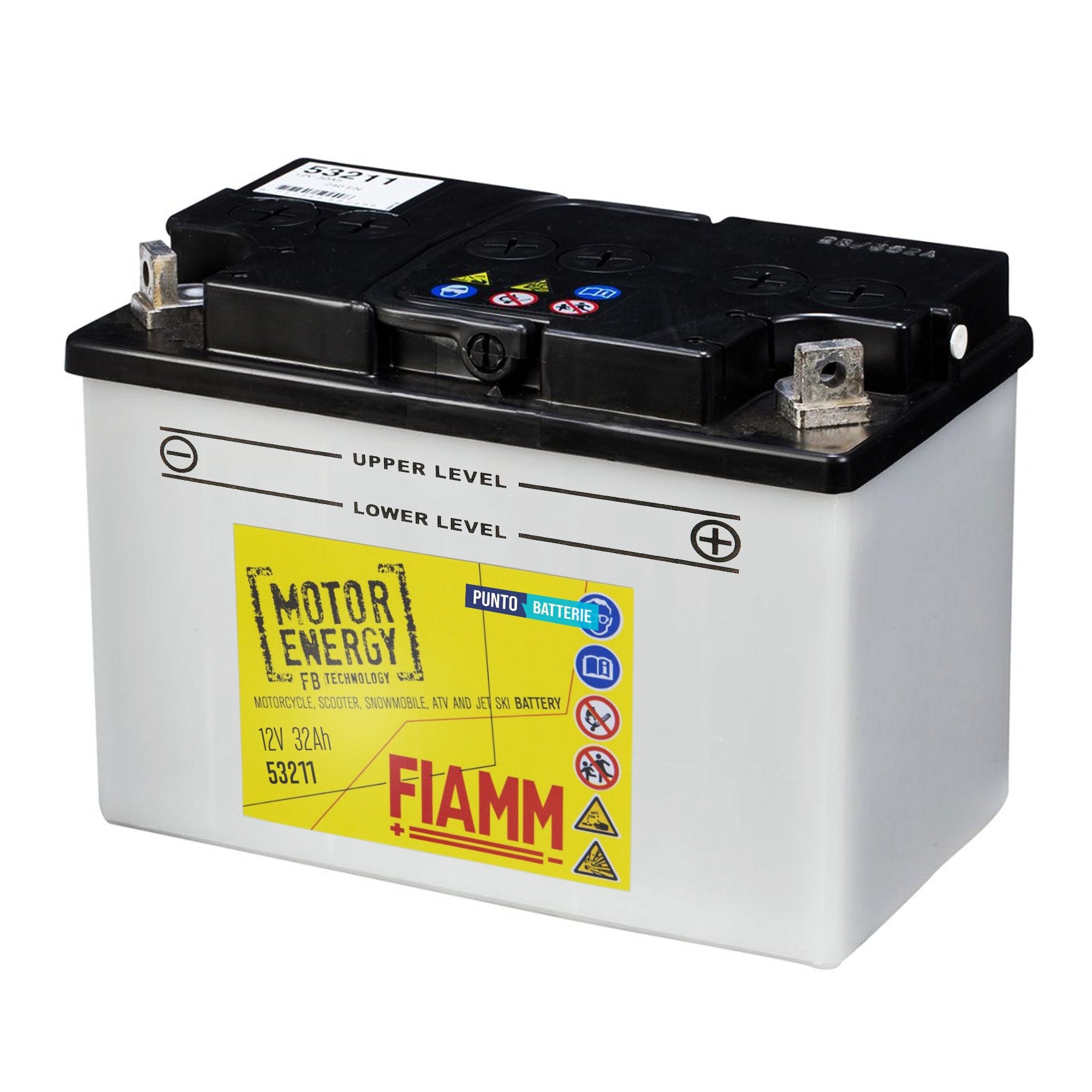 Batteria originale Fiamm Motor Energy FB 53211, dimensioni 233 x 131 x 167, polo positivo a destra, 12 volt, 32 amperora, 300 ampere. Batteria per trattorino tagliaerba e rasaerba.
